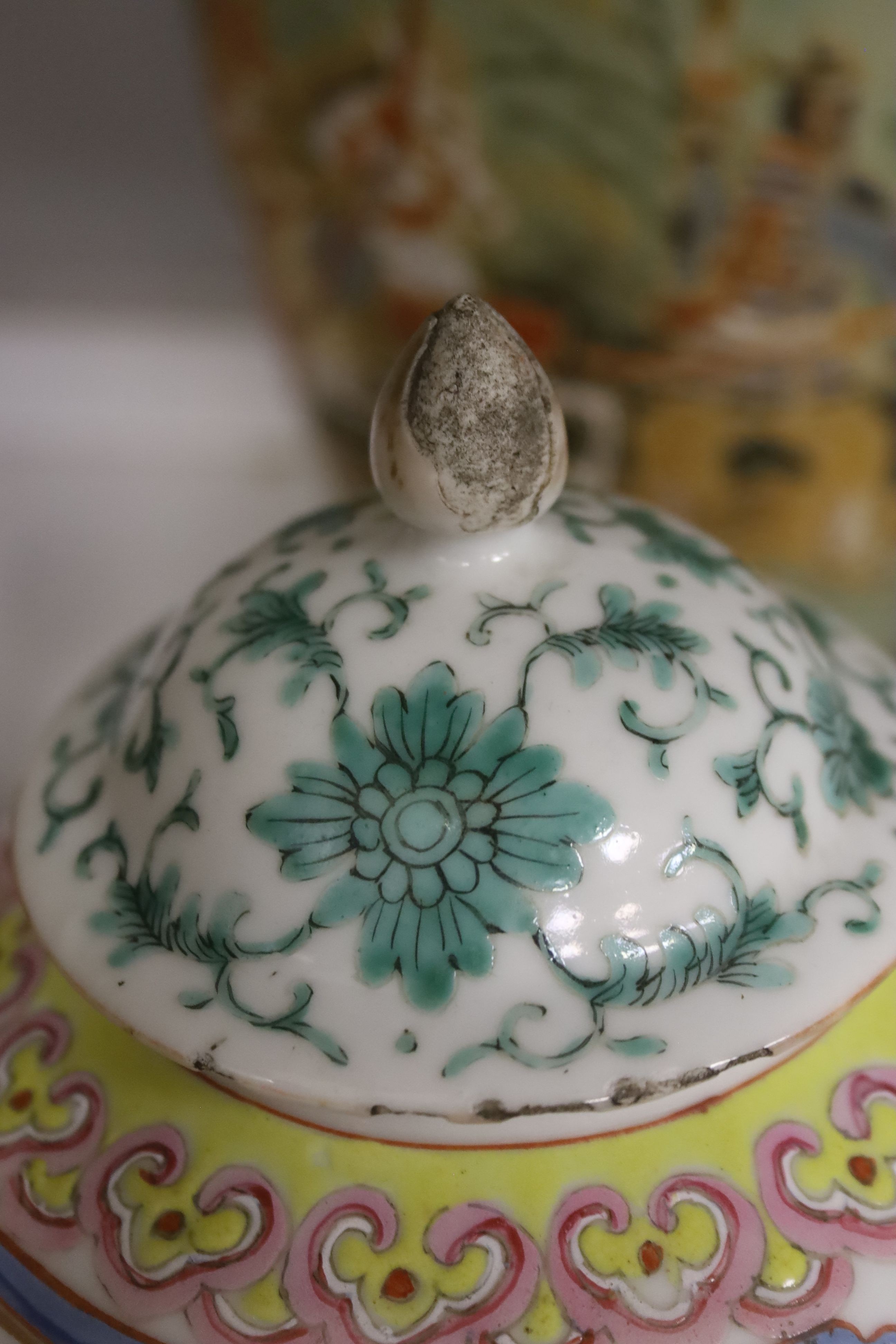 Two Chinese ‘millefleur’ dishes, a turquoise ground ‘Dragon’ dish Guangxu mark and period, a late 19th century famille rose jar etc.